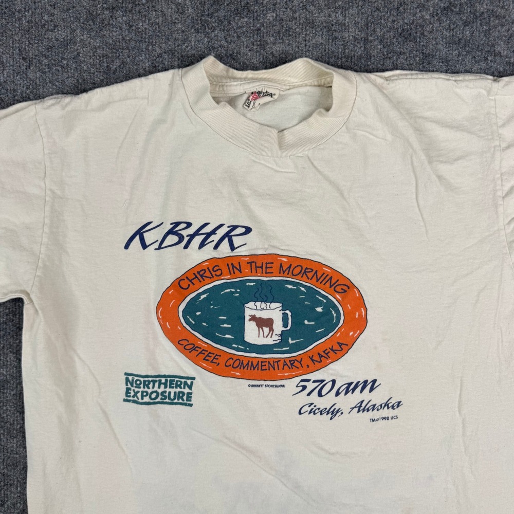 Oneita T-Shirt Mens Size L White Northern Exposure KBHR Vintage 1992 USA Cotton